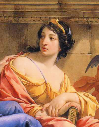 Simon Vouet Detalhe da musa Calliope no quadro The Muses Urania and Calliope